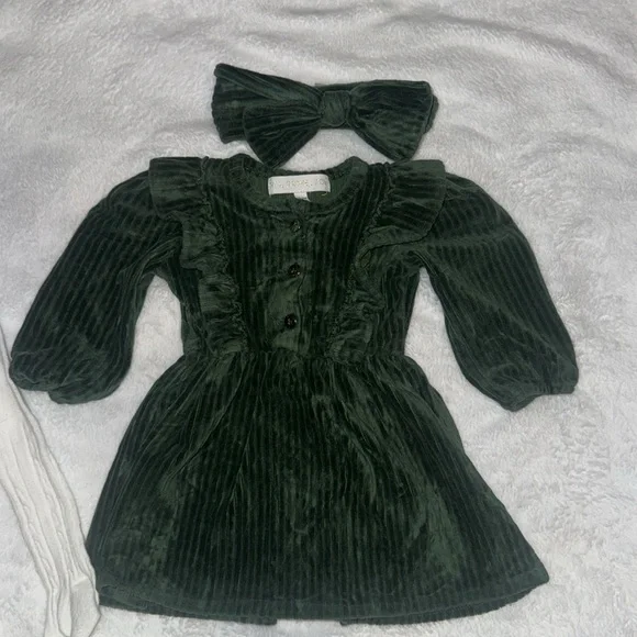 RZ by Rachel Zoe Green Girls 6/9M Dress with Bow and Tights - Picture 2 of 6